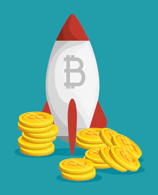 Illustration of a rocket marked with the Bitcoin symbol surrounded by stacks of gold coins