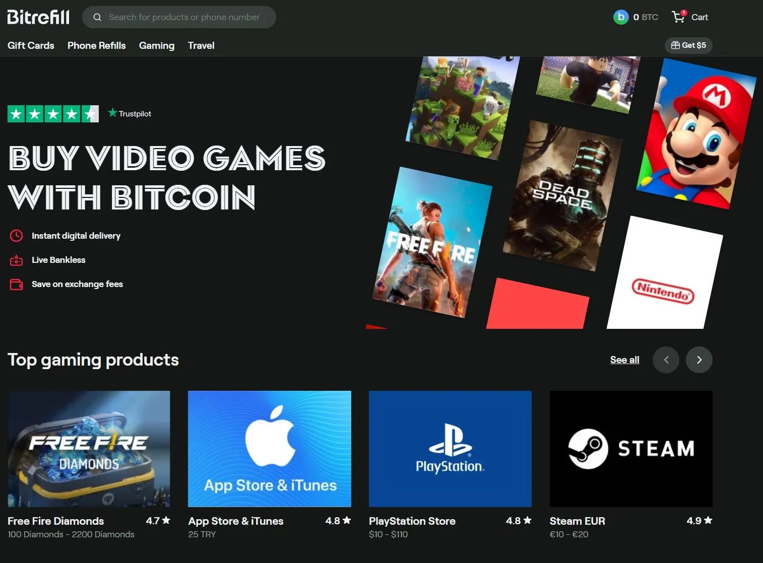 Bitrefill's gaming category page showing Free Fire Diamonds, App Store & iTunes, PlayStation Store and Steam gift cards with star ratings