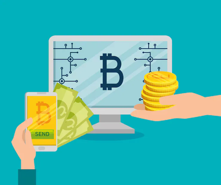 Flat illustration of a crypto payment: a phone sending Bitcoin, banknotes and a stack of coins in front of a monitor