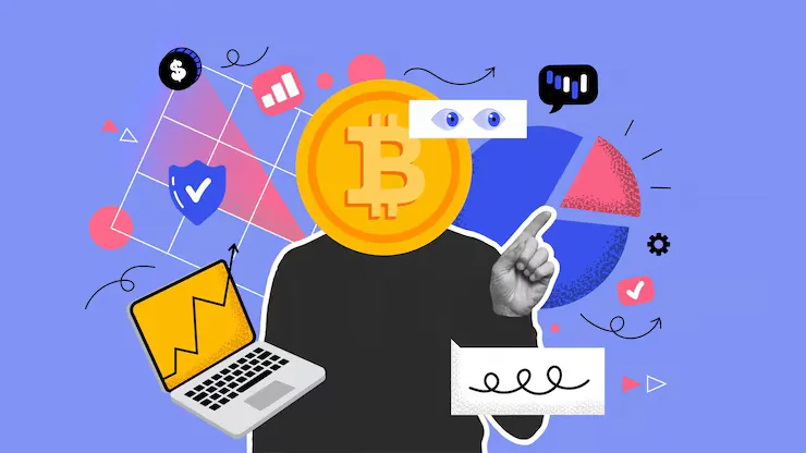 Illustration of a person with a Bitcoin coin head surrounded by charts, shields and payment icons
