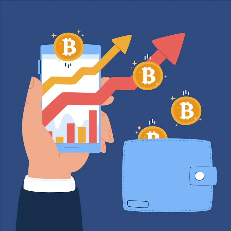 Flat illustration of a hand holding a phone with rising charts and Bitcoin coins moving into a wallet